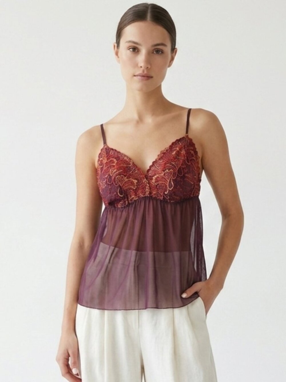 Cacique Tank Purple Y2K Embroidered Mesh Sheer Festival 18/20